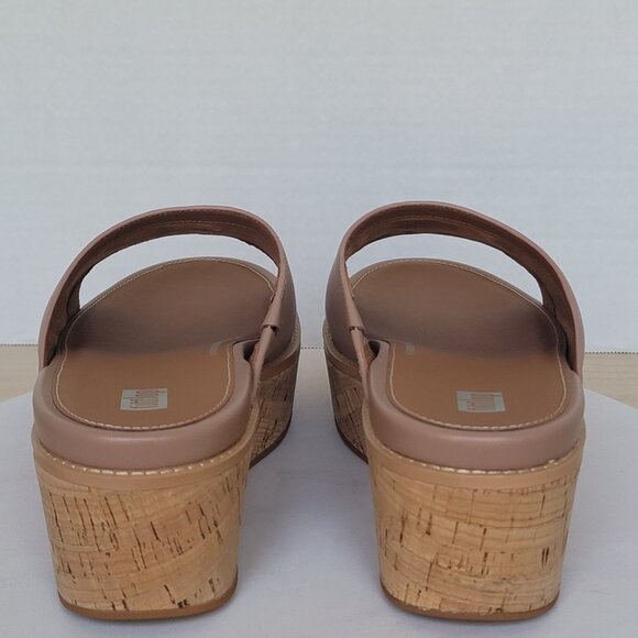 FitFlop Eloise Slides Sandals Women's Beige Leather Cork Wrap Wedge Slides Sz 11 - Picture 3 of 16